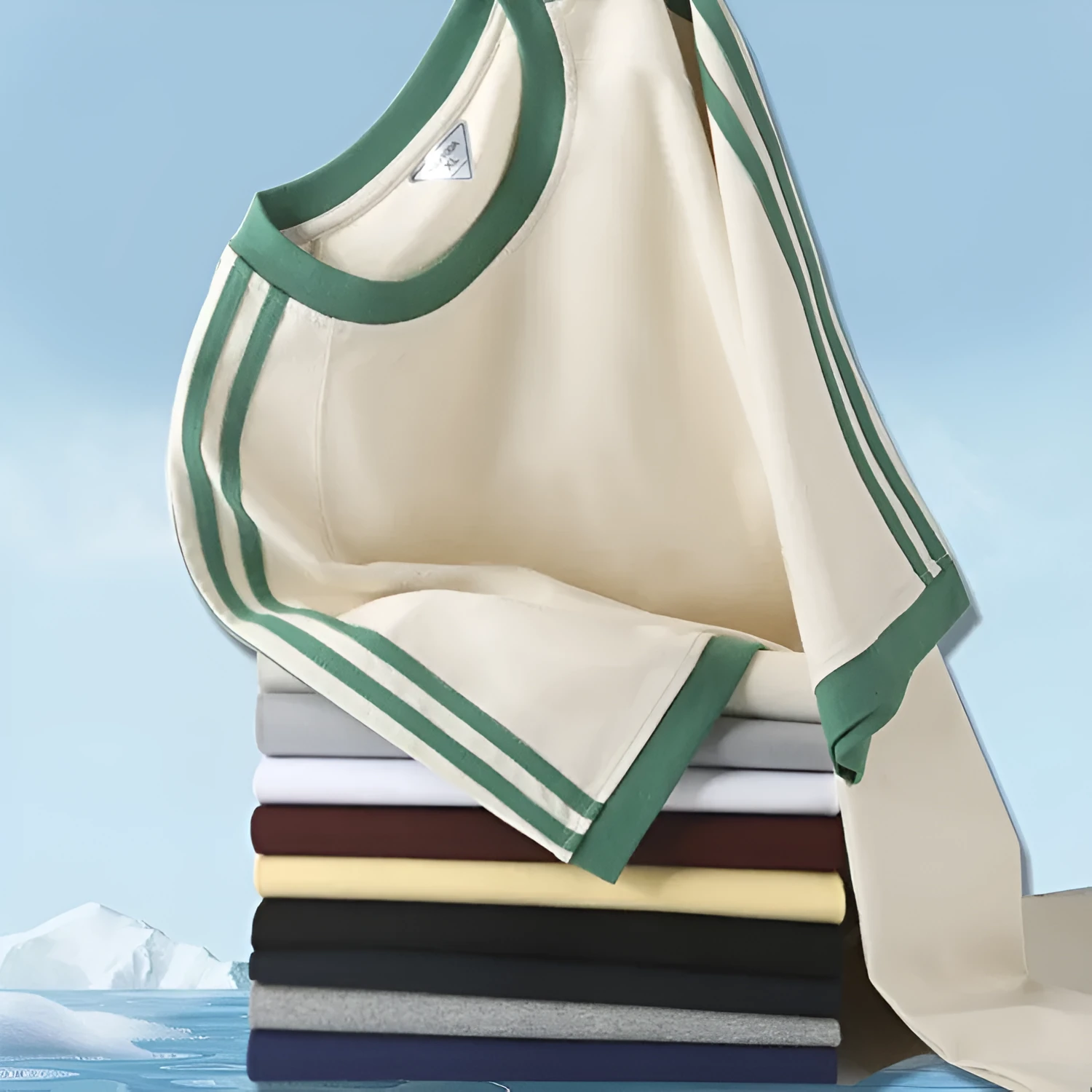 Ice silk stripes five-point top in ice-feeling cotton, loose fit pullover design, unisex summer shirt