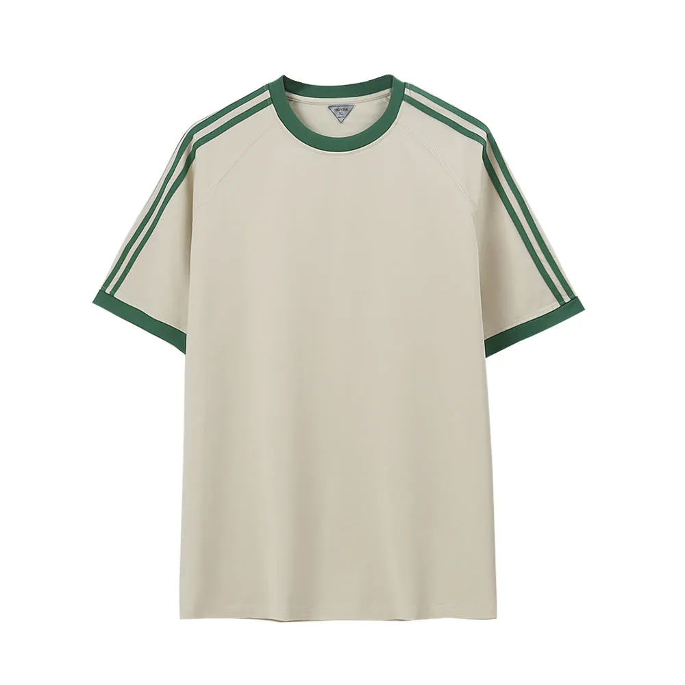 Ice silk stripes five-point top in ice-feeling cotton, loose fit pullover design, unisex summer shirt
