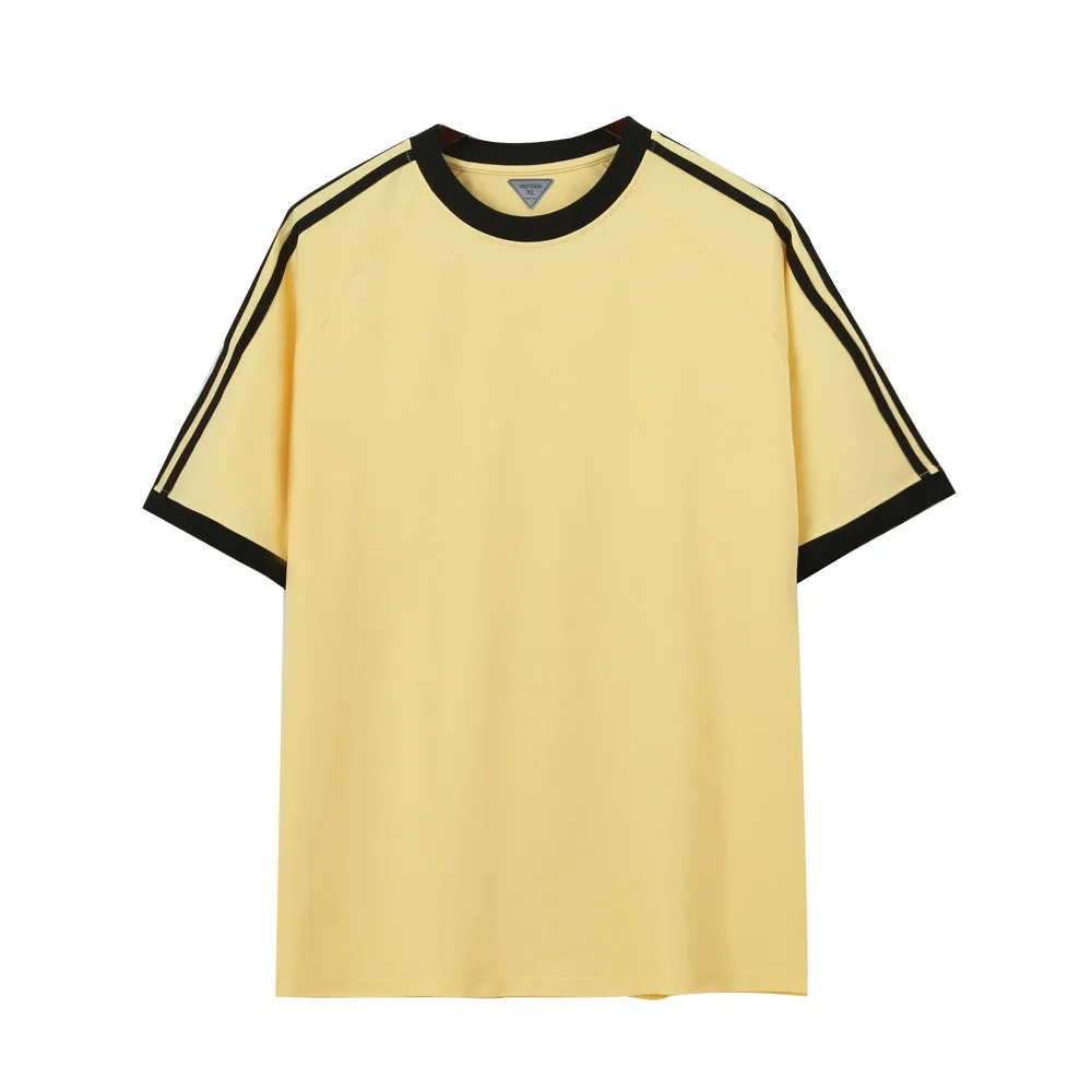 Ice silk stripes five-point top in ice-feeling cotton, loose fit pullover design, unisex summer shirt