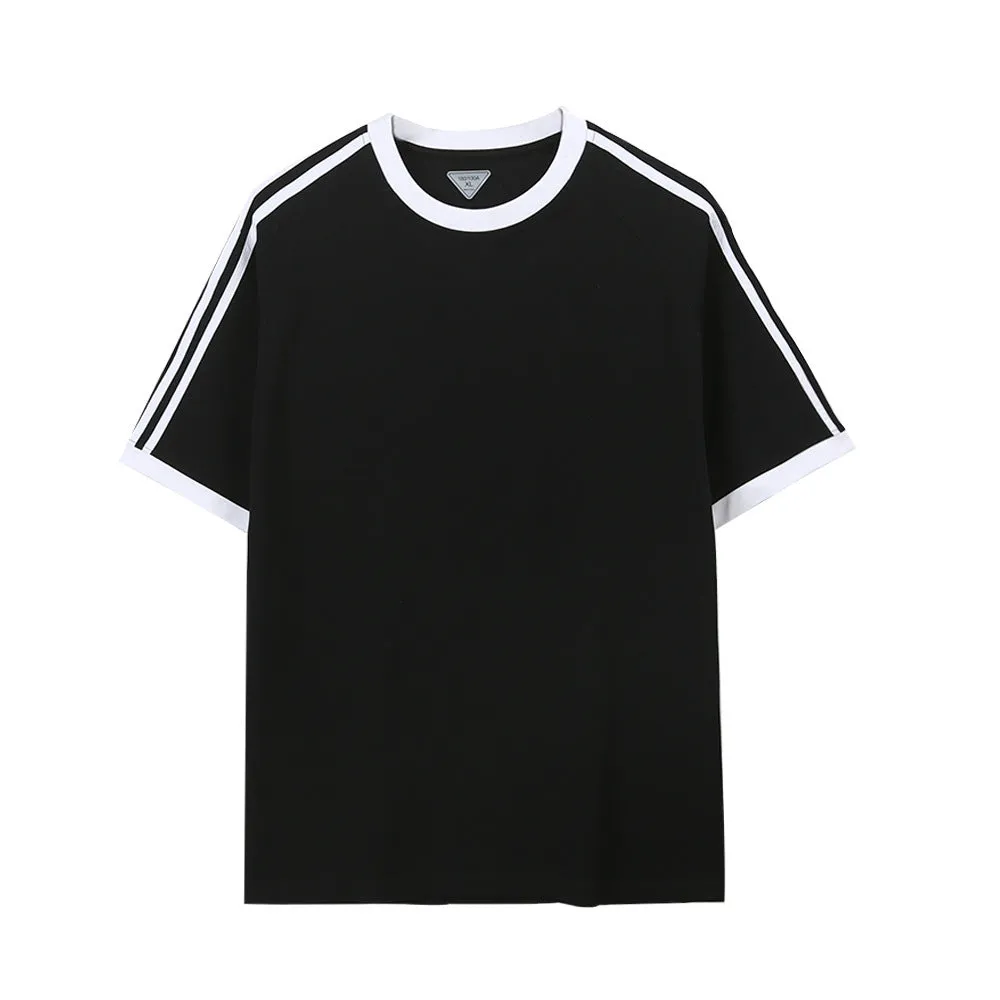 Ice silk stripes five-point top in ice-feeling cotton, loose fit pullover design, unisex summer shirt