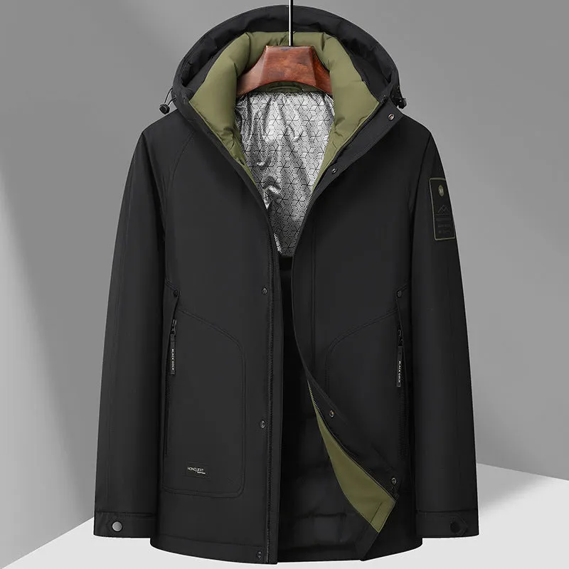 Outdoor white duck down hooded jacket for men in black polyvinyl alcohol fibre blend with front zip