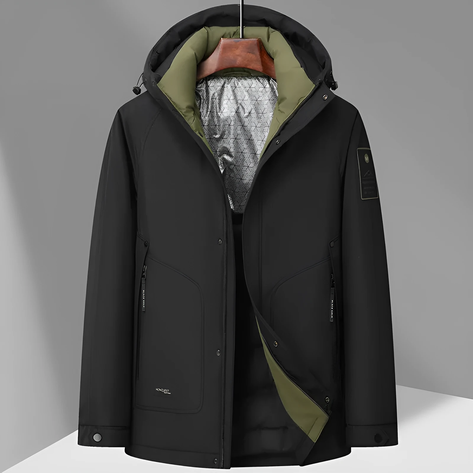Outdoor white duck down hooded jacket for men in black polyvinyl alcohol fibre blend with front zip
