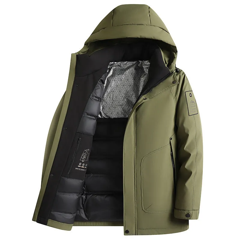 Outdoor white duck down hooded jacket for men in black polyvinyl alcohol fibre blend with front zip