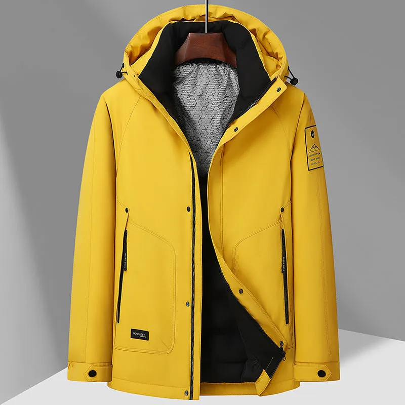 Outdoor white duck down hooded jacket for men in black polyvinyl alcohol fibre blend with front zip