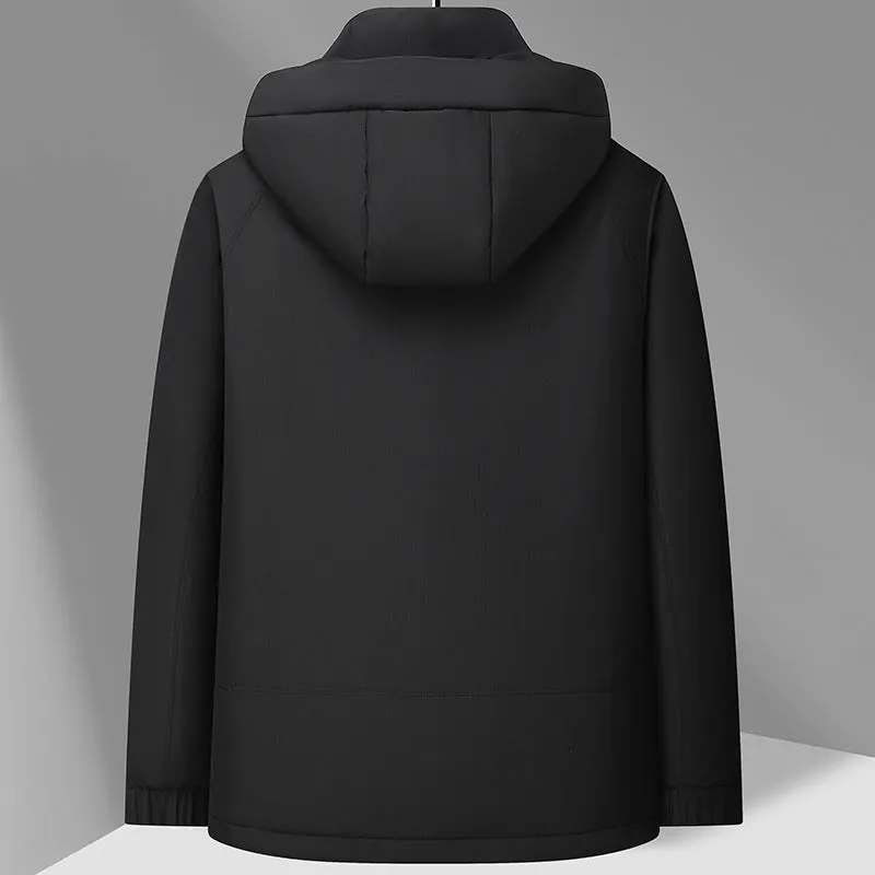Outdoor white duck down hooded jacket for men in black polyvinyl alcohol fibre blend with front zip