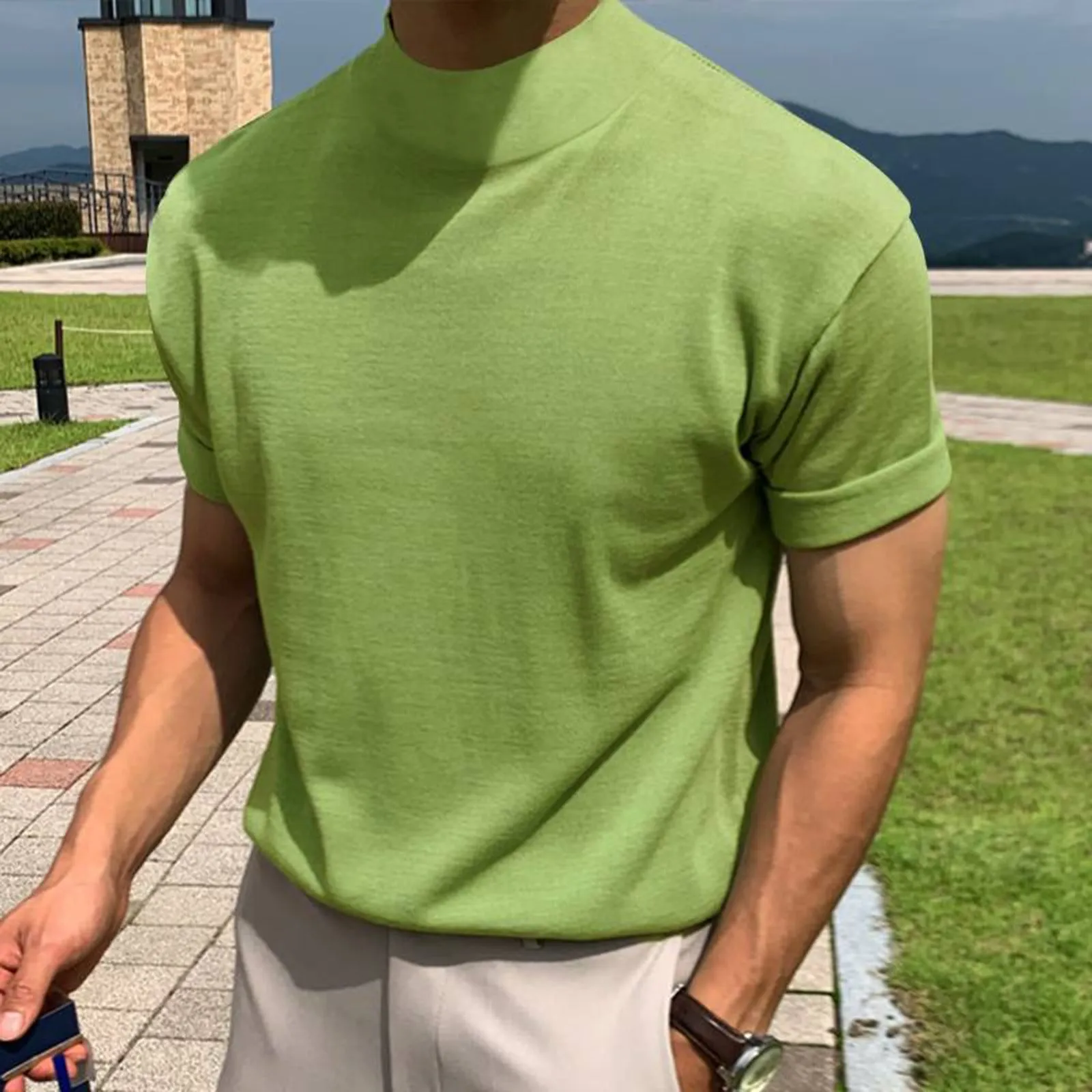 Men's solid colour turtleneck short sleeve t-shirt in white, available in sizes S-4XL from multiple angles