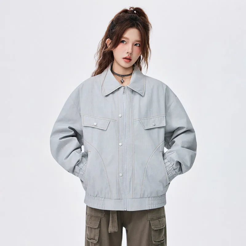 Men's corduroy lapel jacket in khaki, loose fit, new print design, front view on male model