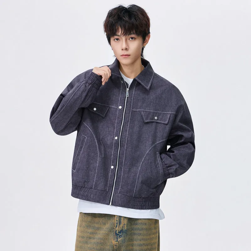 Men's corduroy lapel jacket in khaki, loose fit, new print design, front view on male model