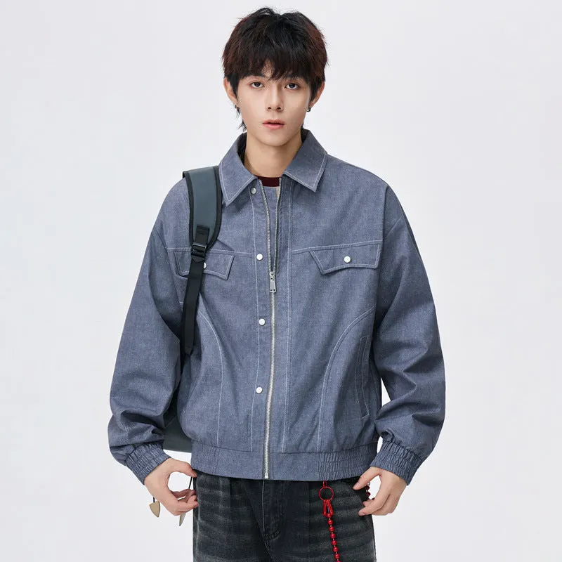 Men's corduroy lapel jacket in khaki, loose fit, new print design, front view on male model