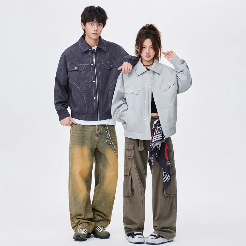 Men's corduroy lapel jacket in khaki, loose fit, new print design, front view on male model