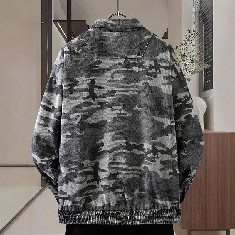 Men's camouflage polo collar jacket in cotton, regular fit, dark green camouflage colour, spring autumn daily wear