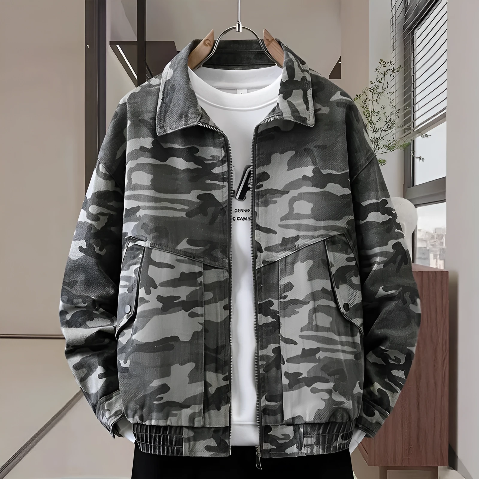 Men's camouflage polo collar jacket in cotton, regular fit, dark green camouflage colour, spring autumn daily wear