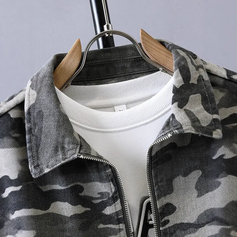 Men's camouflage polo collar jacket in cotton, regular fit, dark green camouflage colour, spring autumn daily wear