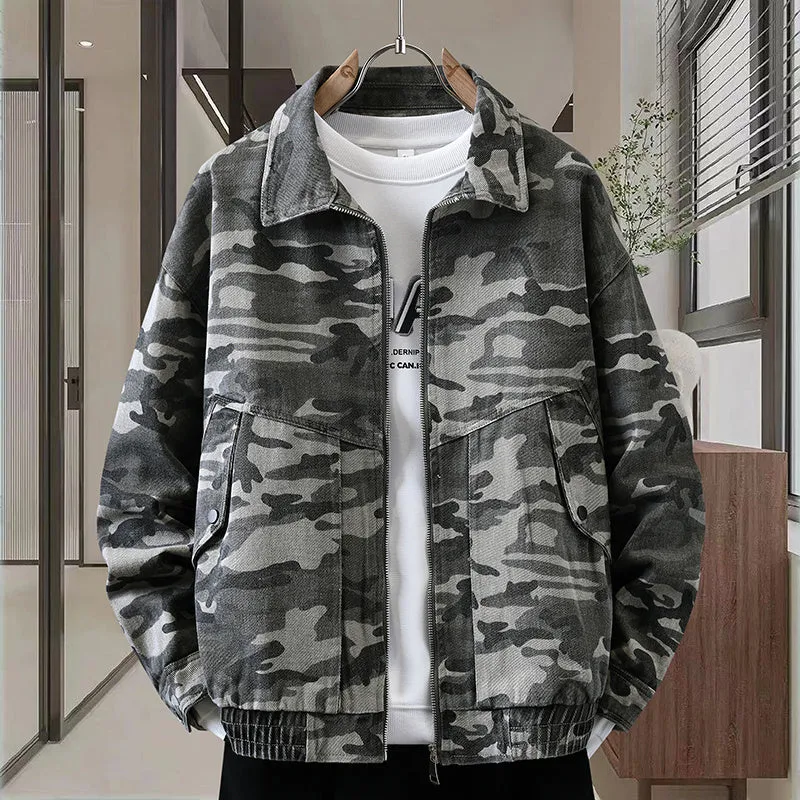 Men's camouflage polo collar jacket in cotton, regular fit, dark green camouflage colour, spring autumn daily wear