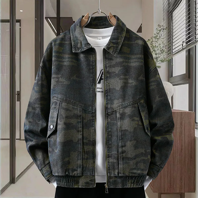 Men's camouflage polo collar jacket in cotton, regular fit, dark green camouflage colour, spring autumn daily wear