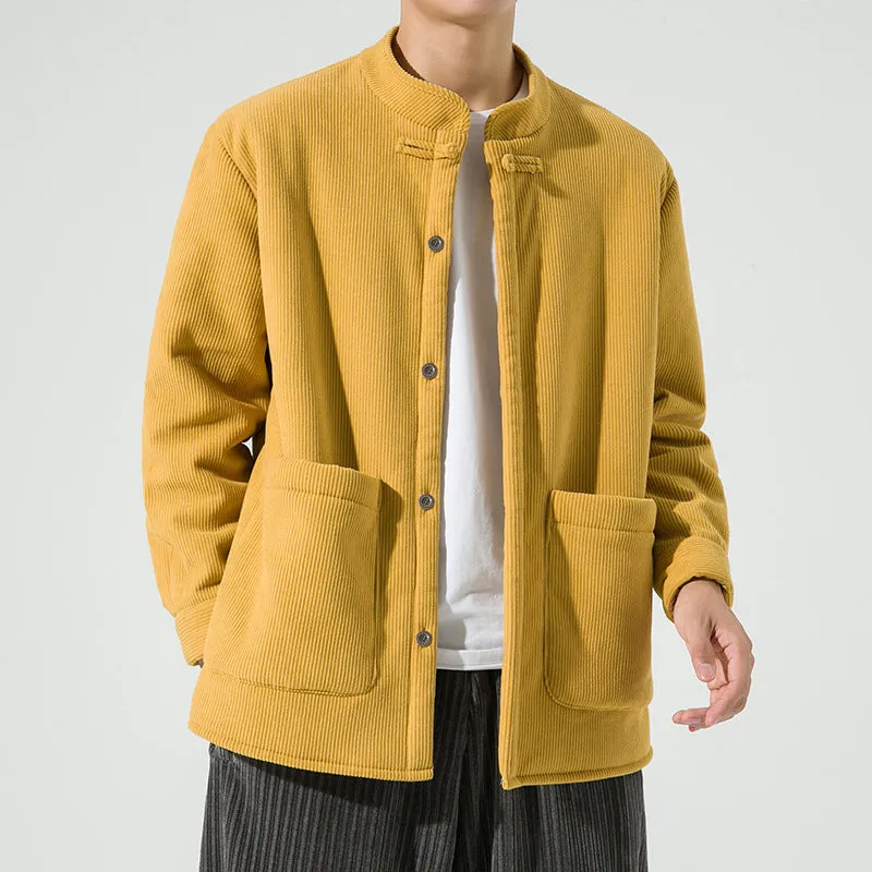 Men's hanfu stand collar corduroy fleece warm jacket in black, front view