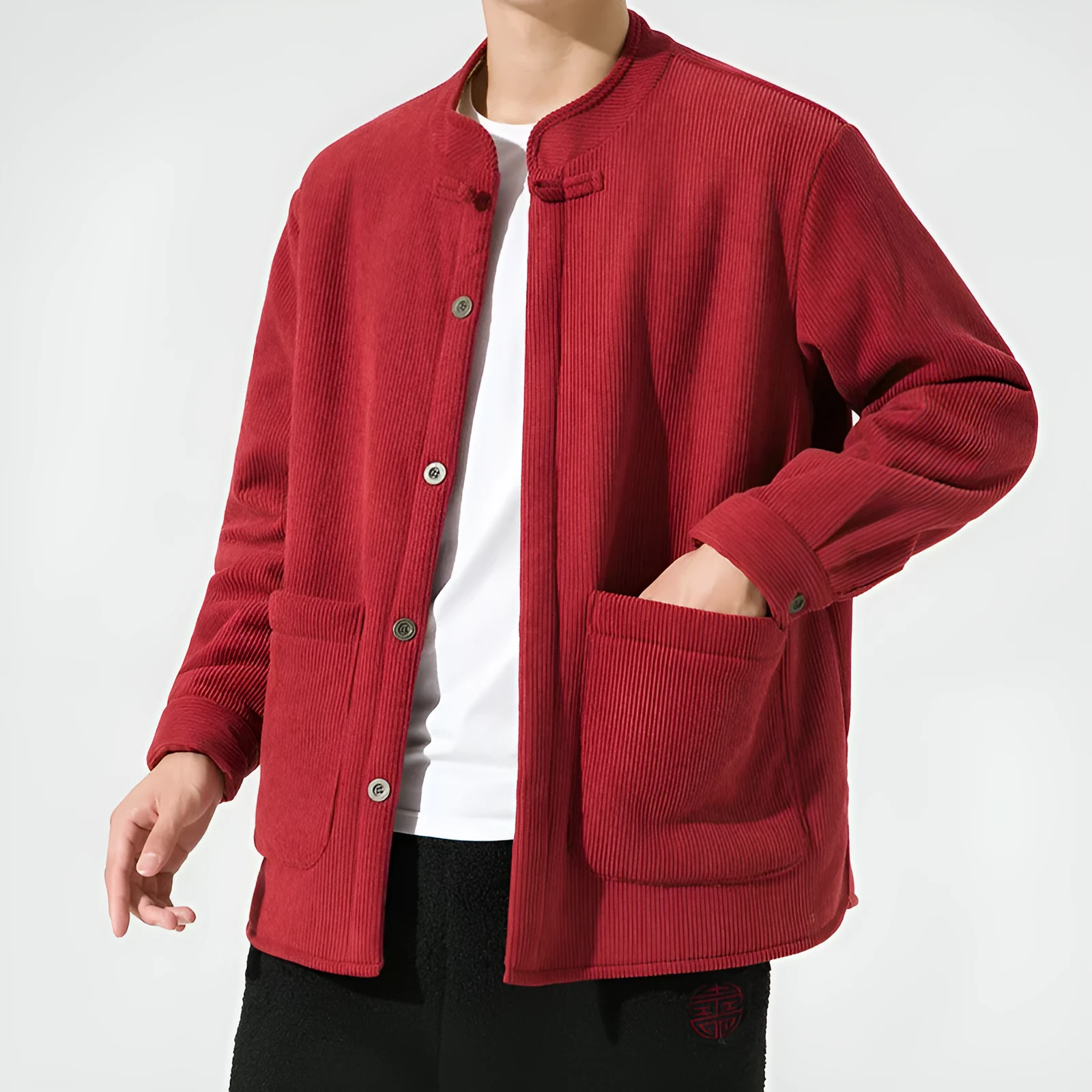 Men's hanfu stand collar corduroy fleece warm jacket in black, front view