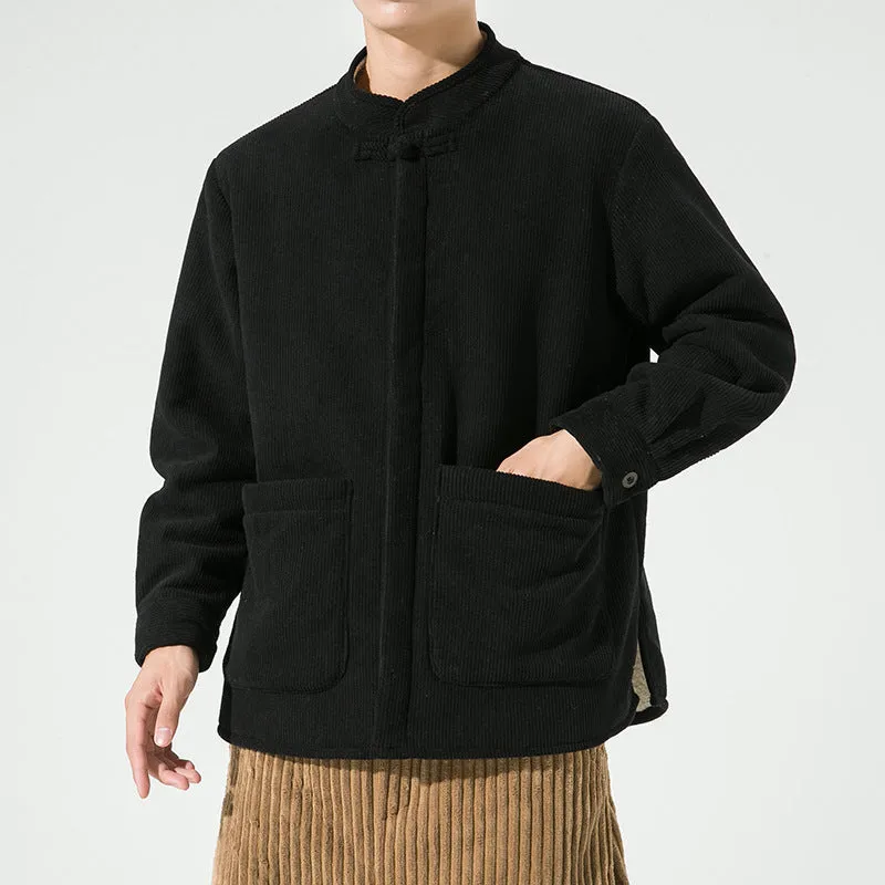Men's hanfu stand collar corduroy fleece warm jacket in black, front view