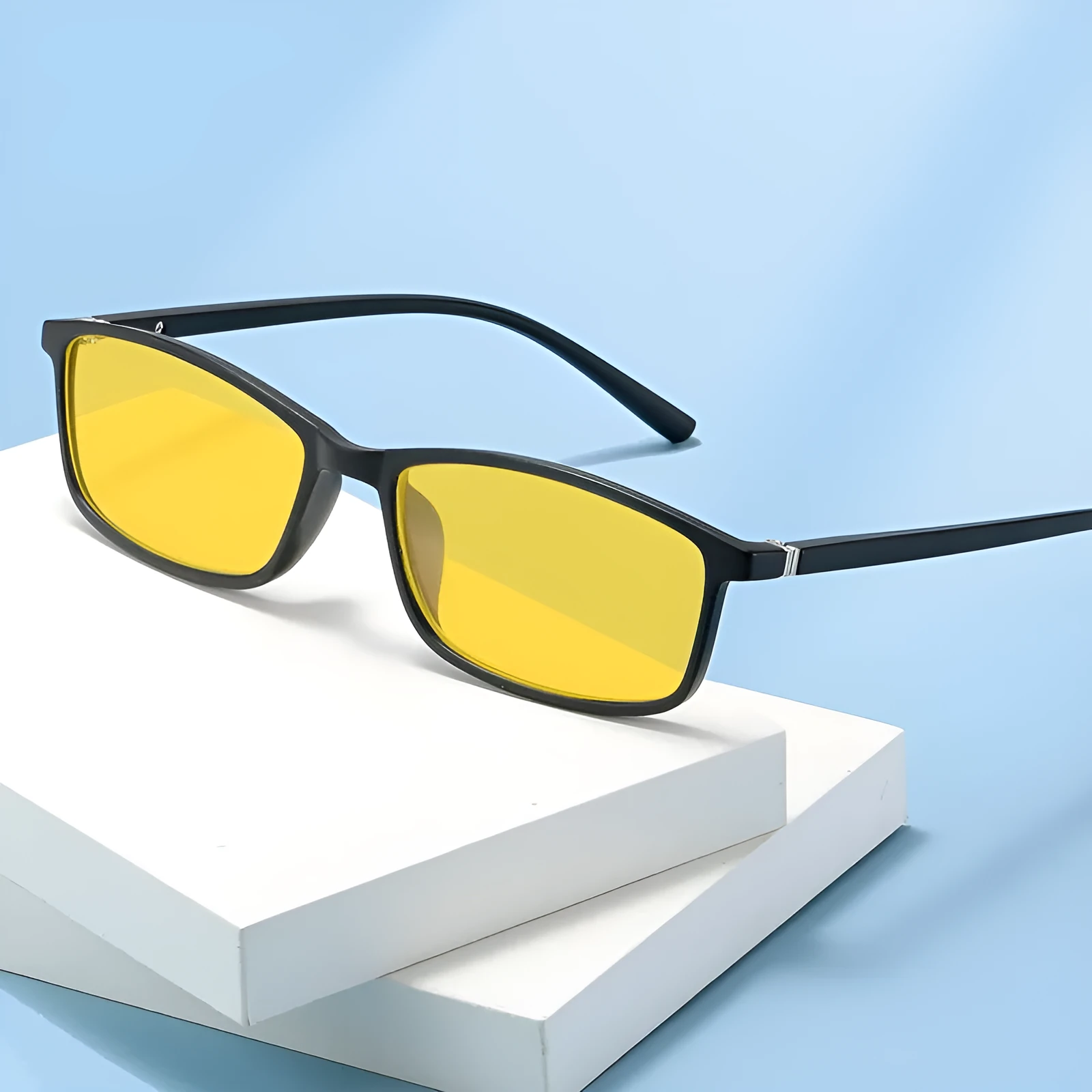 Retro small frame night vision anti-blue ray plain glasses with bright black frame on a white background