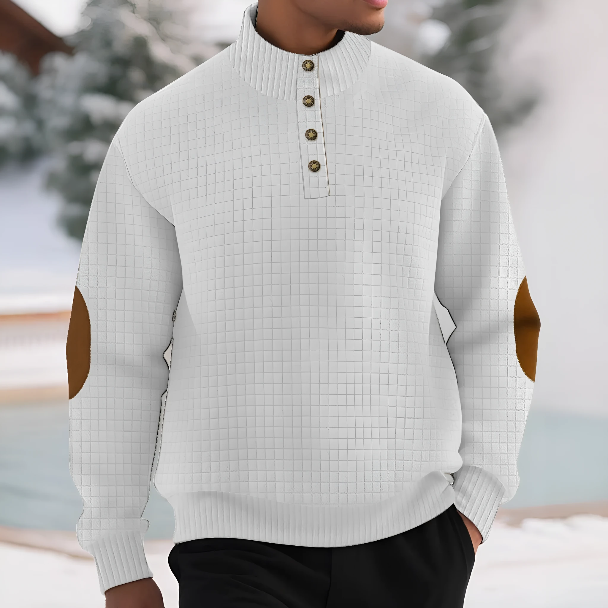 Men's casual jacquard small plaid stand collar long-sleeved sweater in khaki, polyester blend, full front view