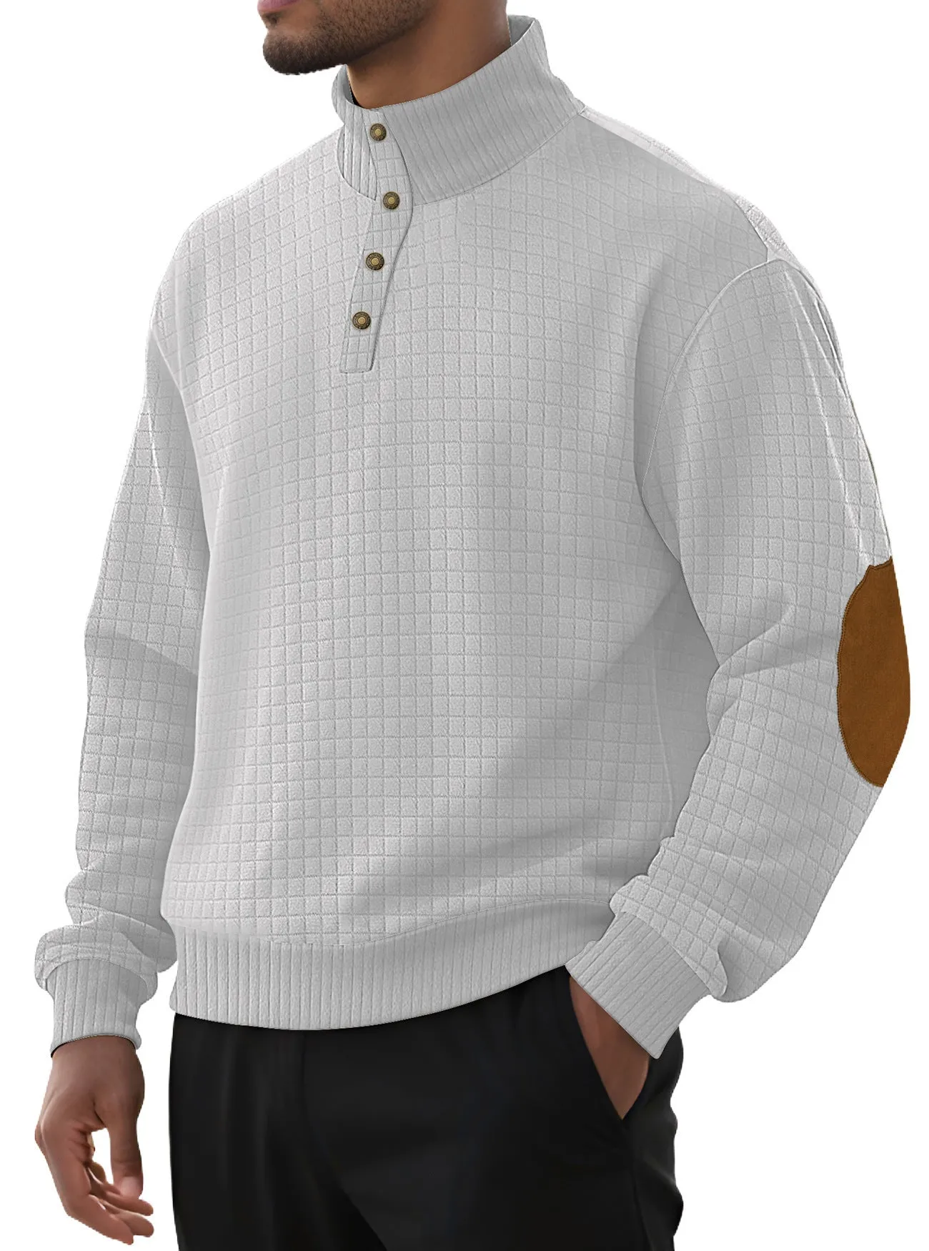 Men's casual jacquard small plaid stand collar long-sleeved sweater in khaki, polyester blend, full front view