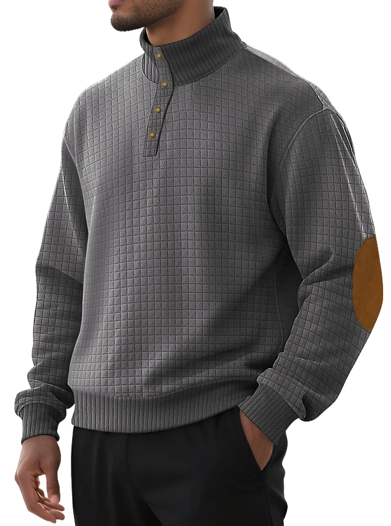 Men's casual jacquard small plaid stand collar long-sleeved sweater in khaki, polyester blend, full front view