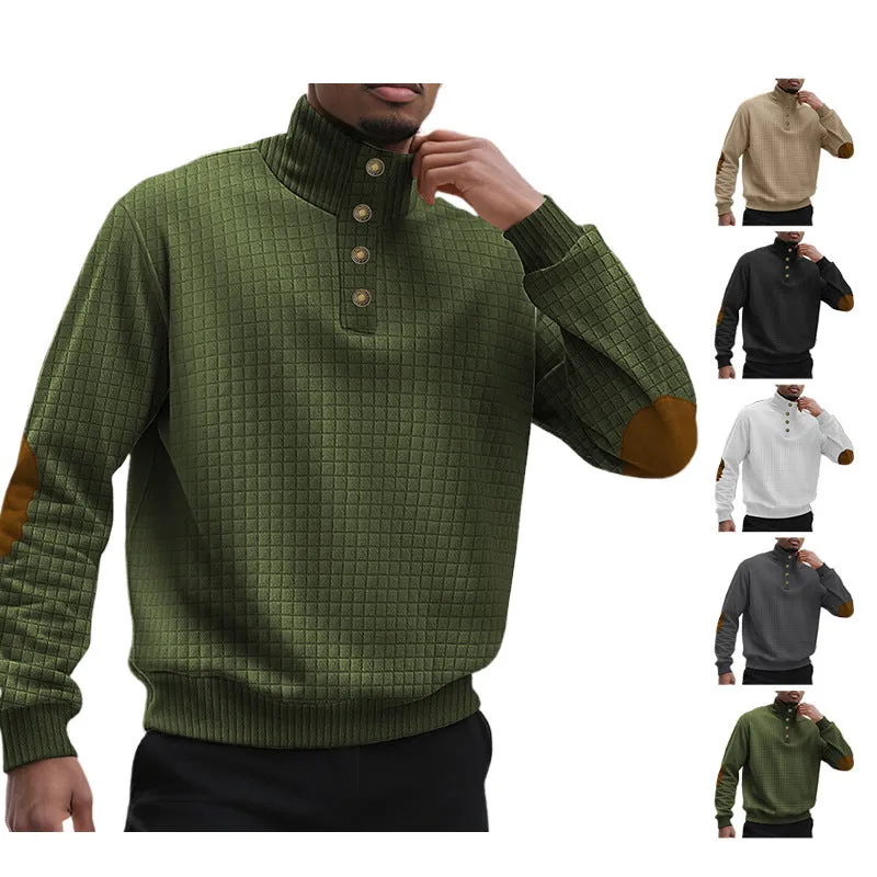 Men's casual jacquard small plaid stand collar long-sleeved sweater in khaki, polyester blend, full front view
