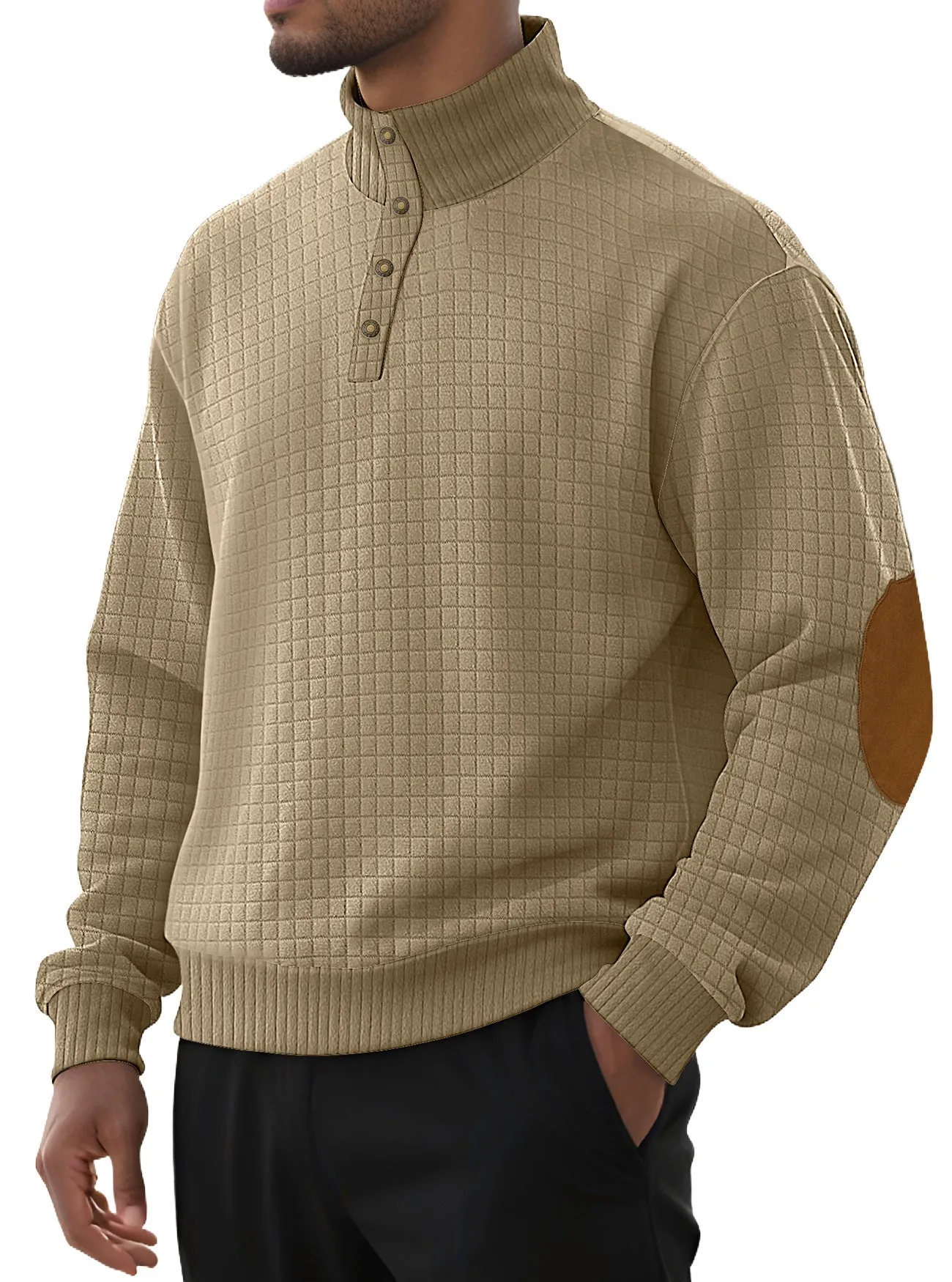 Men's casual jacquard small plaid stand collar long-sleeved sweater in khaki, polyester blend, full front view