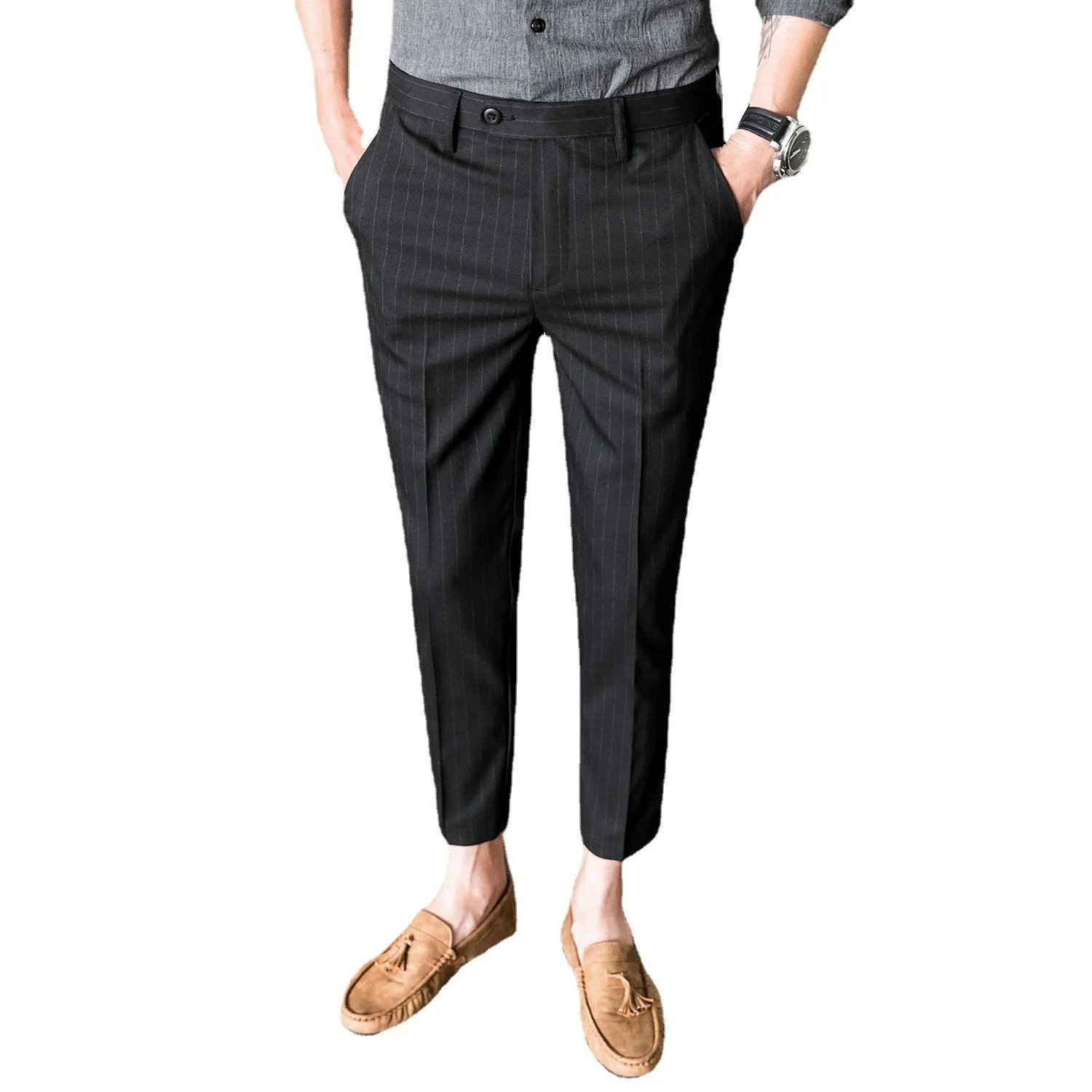 Slim-fit Korean-style youth business suit pants in light gray, straight-leg polyester blend with micro-elastic fabric
