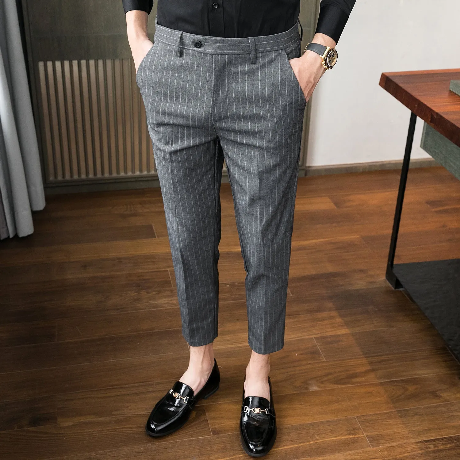 Slim-fit Korean-style youth business suit pants in light gray, straight-leg polyester blend with micro-elastic fabric