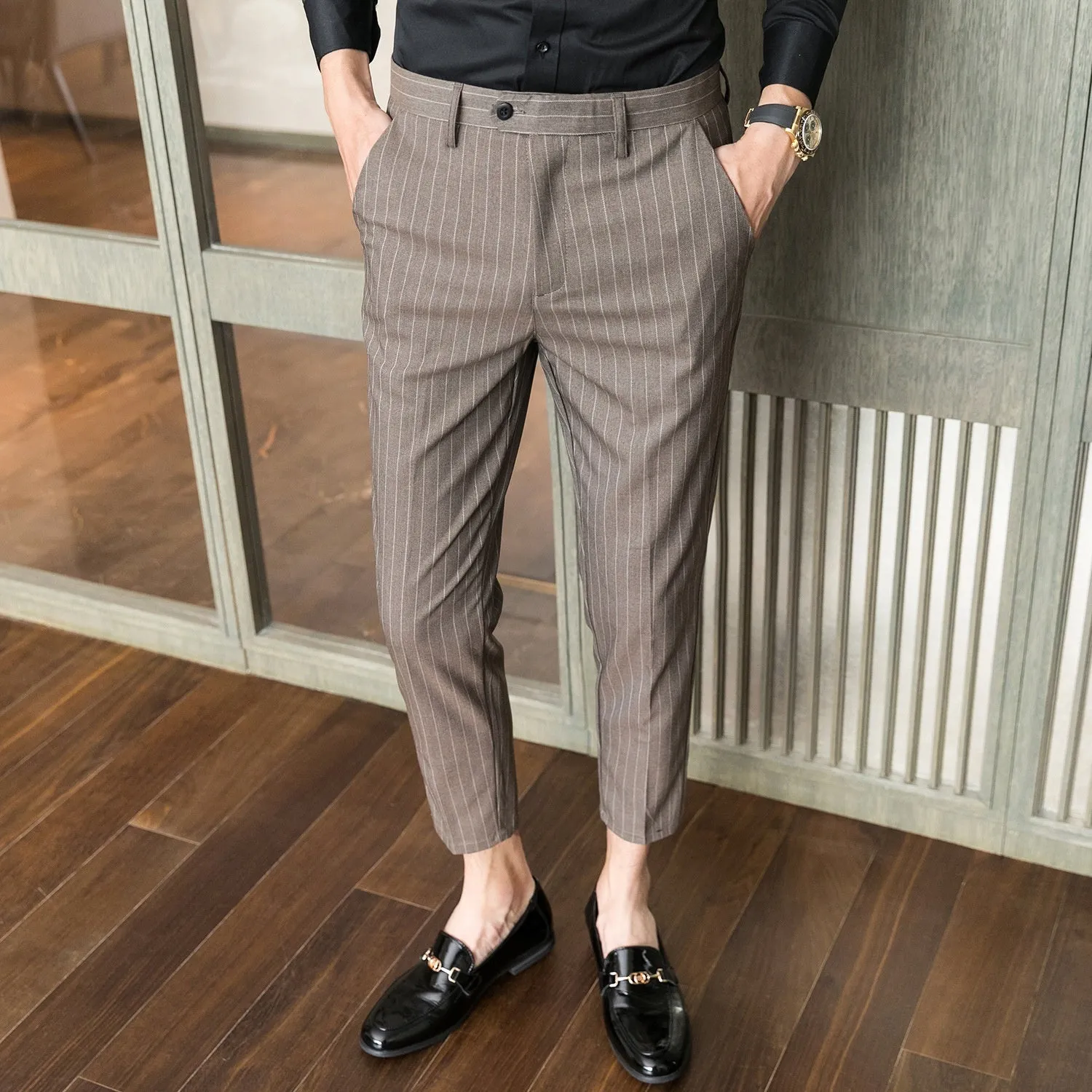 Slim-fit Korean-style youth business suit pants in light gray, straight-leg polyester blend with micro-elastic fabric
