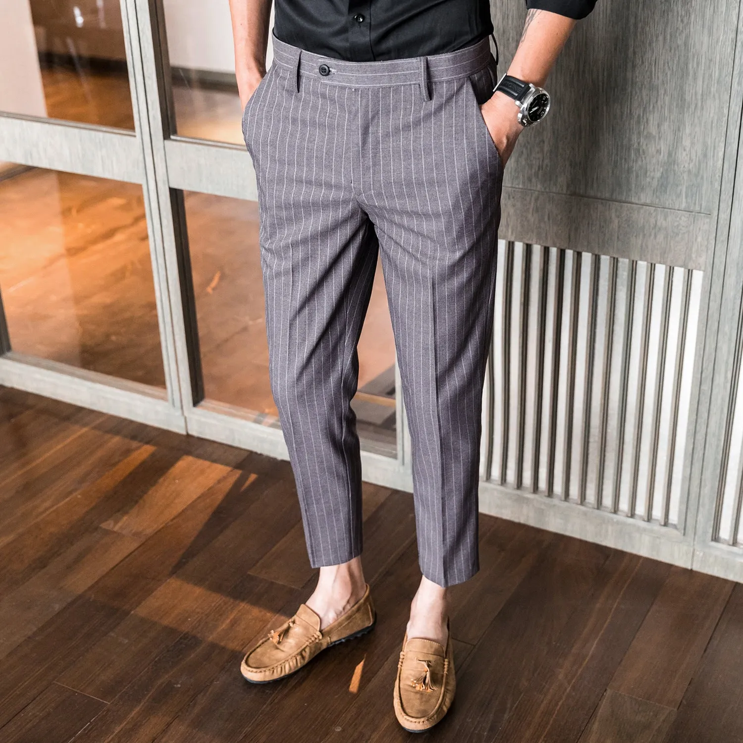 Slim-fit Korean-style youth business suit pants in light gray, straight-leg polyester blend with micro-elastic fabric