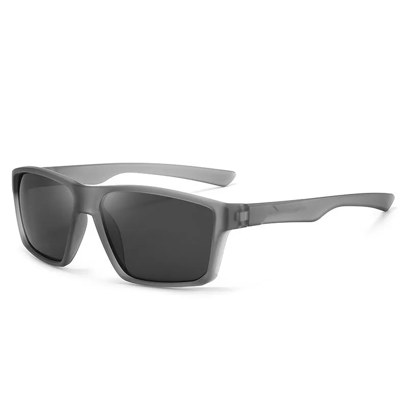 UV protection polarized sunglasses with black frame and black grey lens for outdoor use
