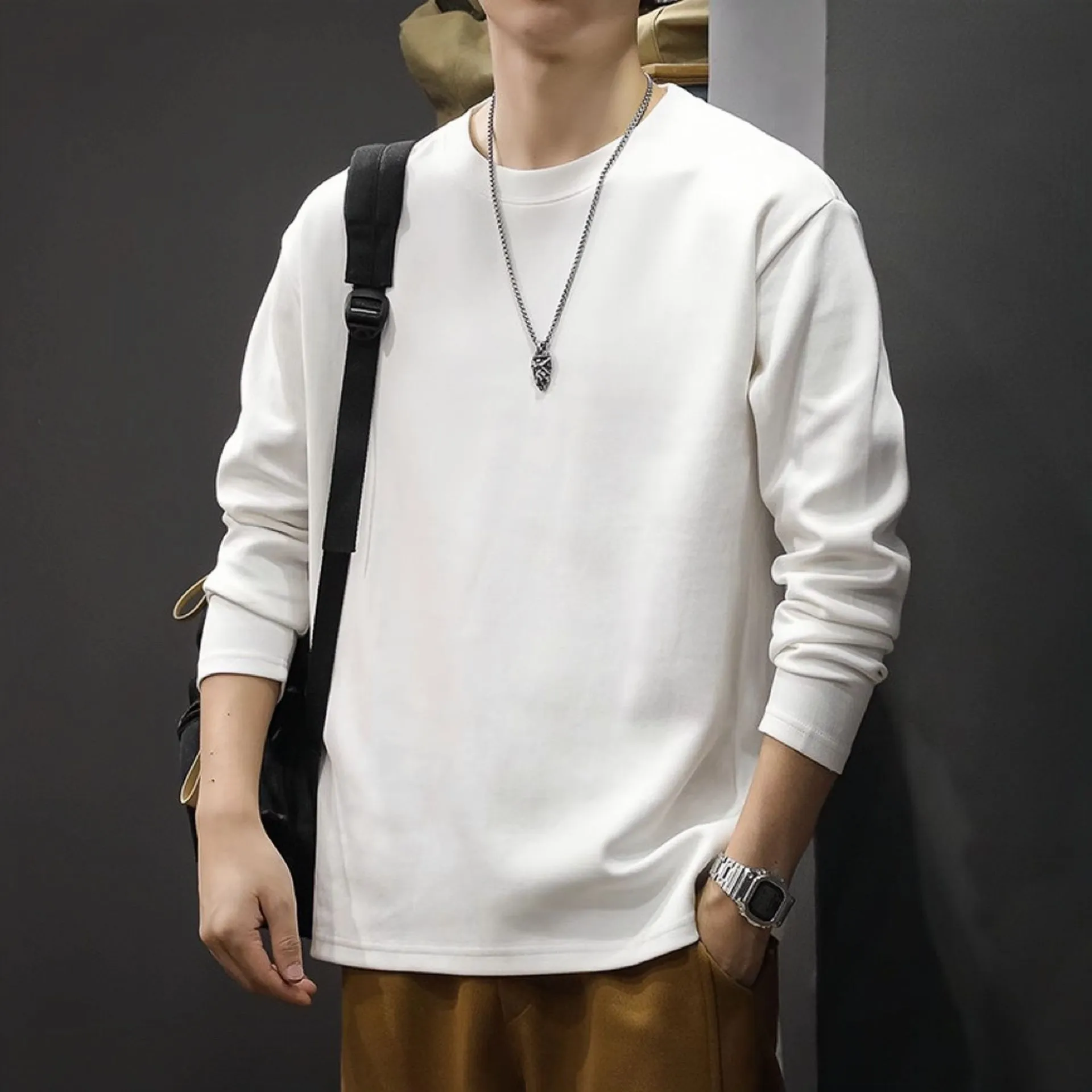 Men's round neck thickened pure cotton solid colour long sleeve bottoming shirt loose fit daily undershirt