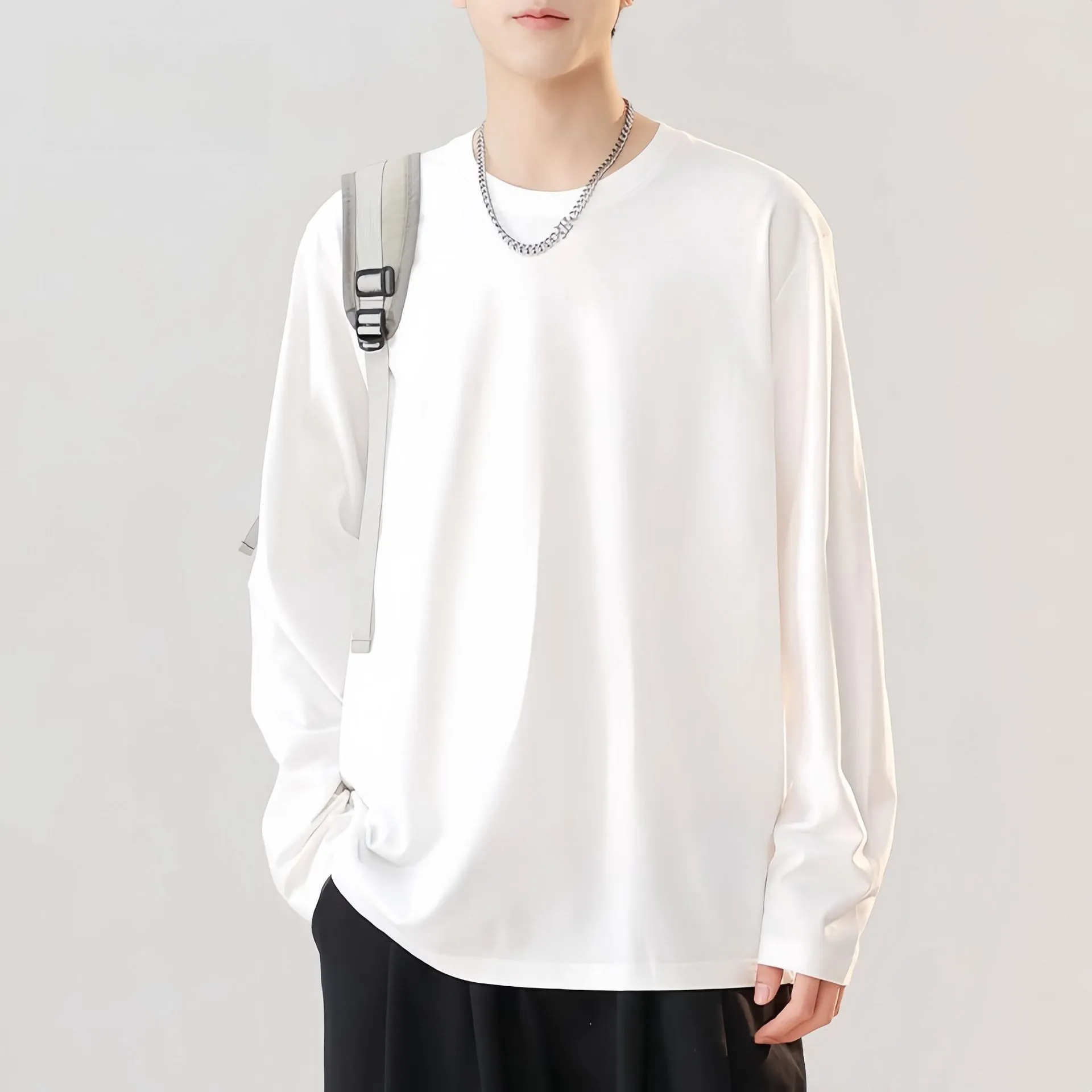 Men's round neck thickened pure cotton solid colour long sleeve bottoming shirt loose fit daily undershirt