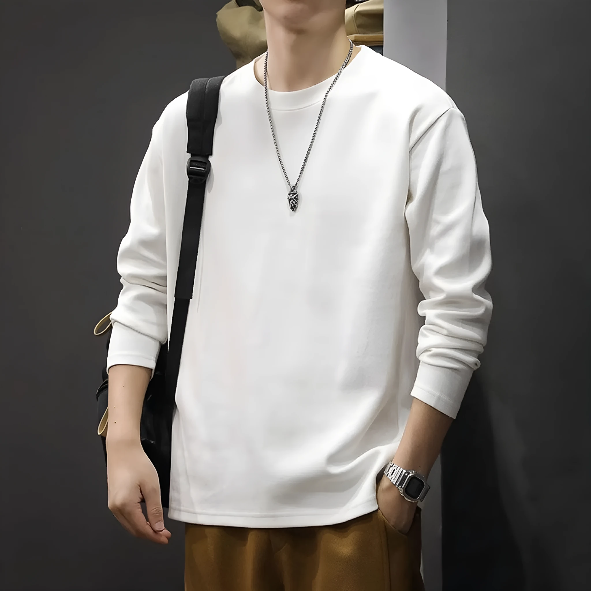 Men's round neck thickened pure cotton solid colour long sleeve bottoming shirt loose fit daily undershirt