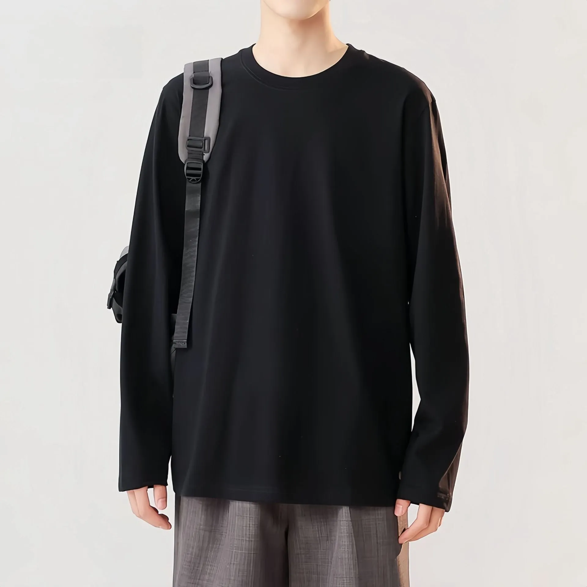 Men's round neck thickened pure cotton solid colour long sleeve bottoming shirt loose fit daily undershirt