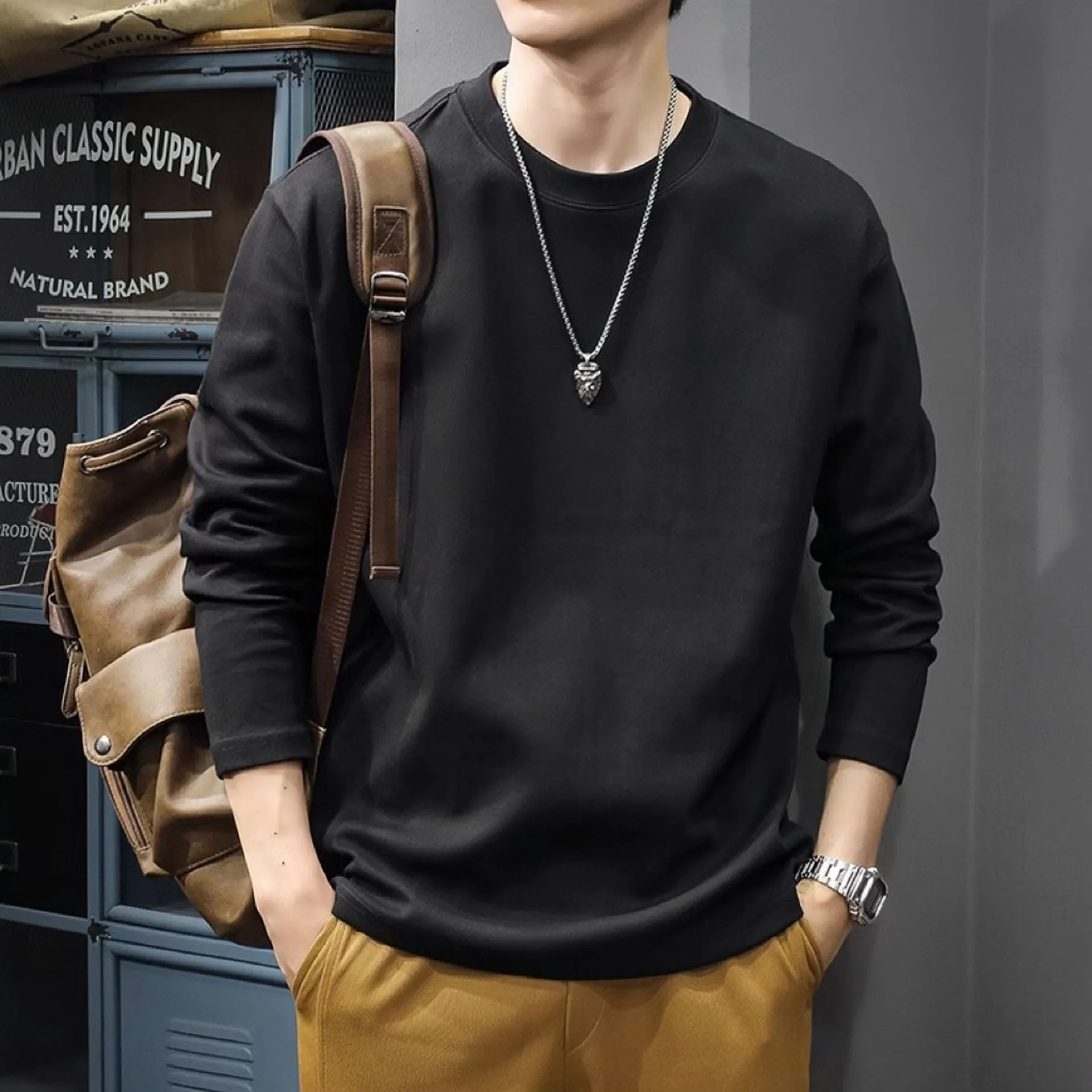 Men's round neck thickened pure cotton solid colour long sleeve bottoming shirt loose fit daily undershirt