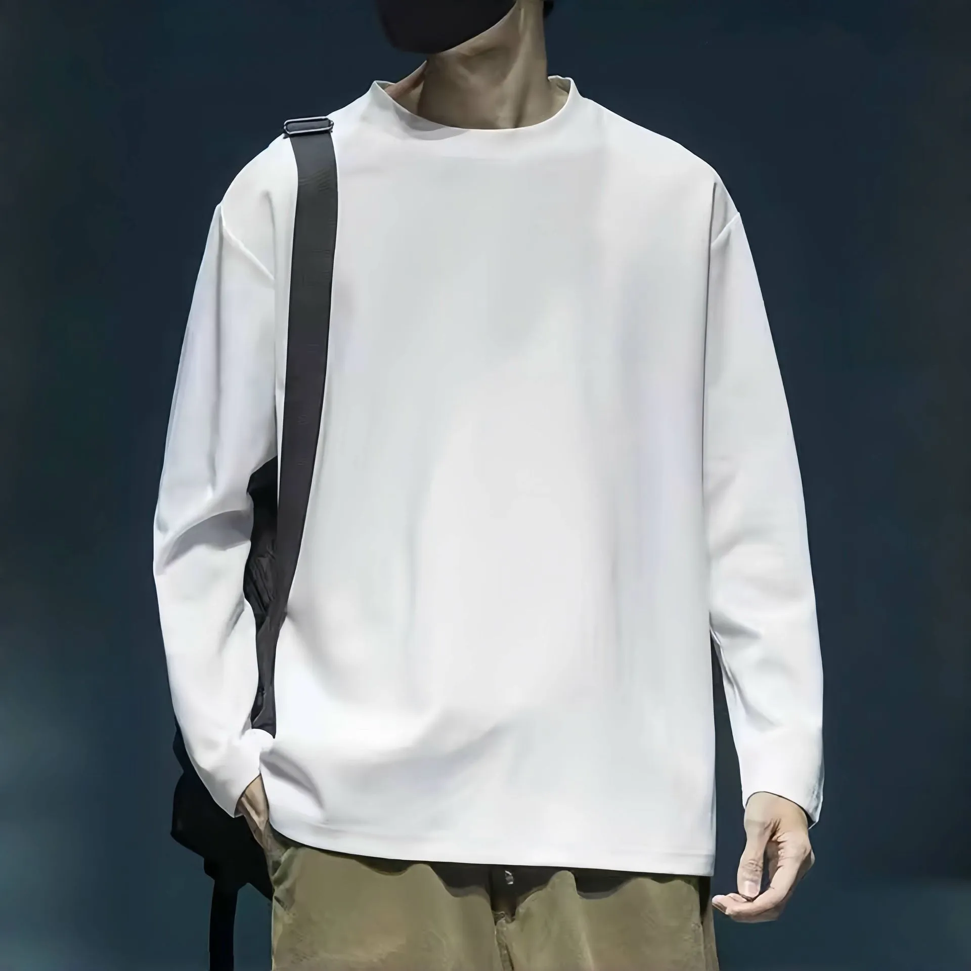 Men's round neck thickened pure cotton solid colour long sleeve bottoming shirt loose fit daily undershirt