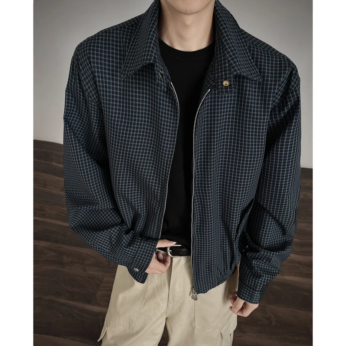 Korean style retro plaid short jacket with double zipper in grey and blue plaid, cotton blend