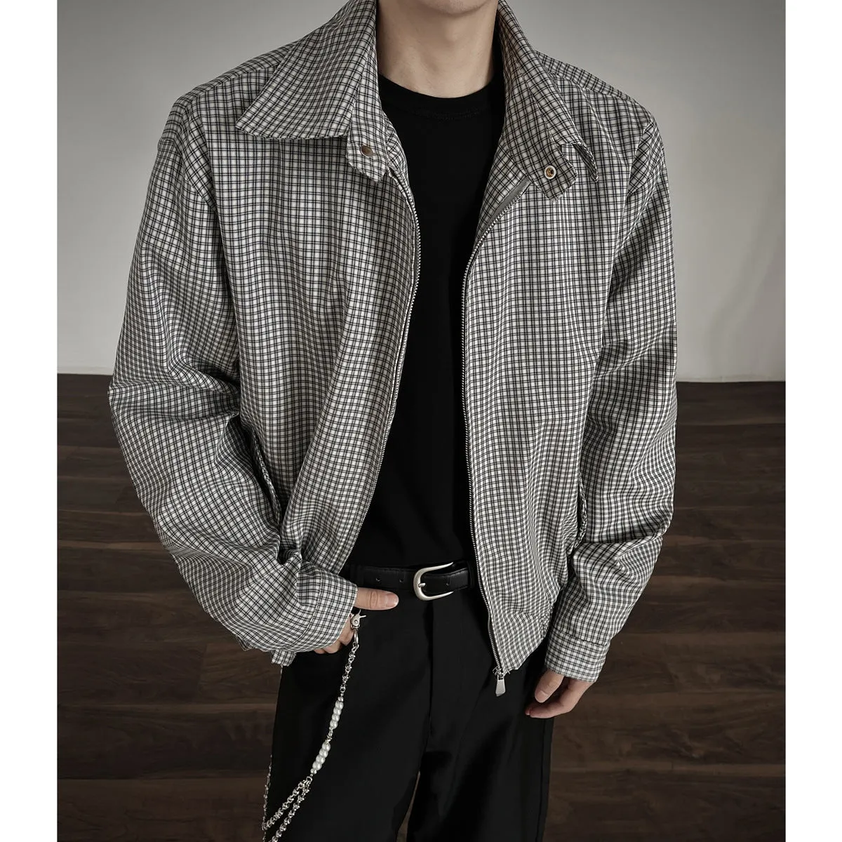 Korean style retro plaid short jacket with double zipper in grey and blue plaid, cotton blend