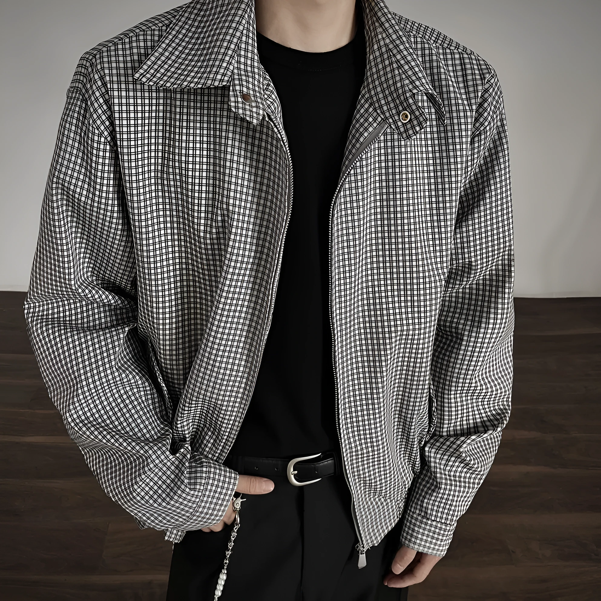 Korean style retro plaid short jacket with double zipper in grey and blue plaid, cotton blend