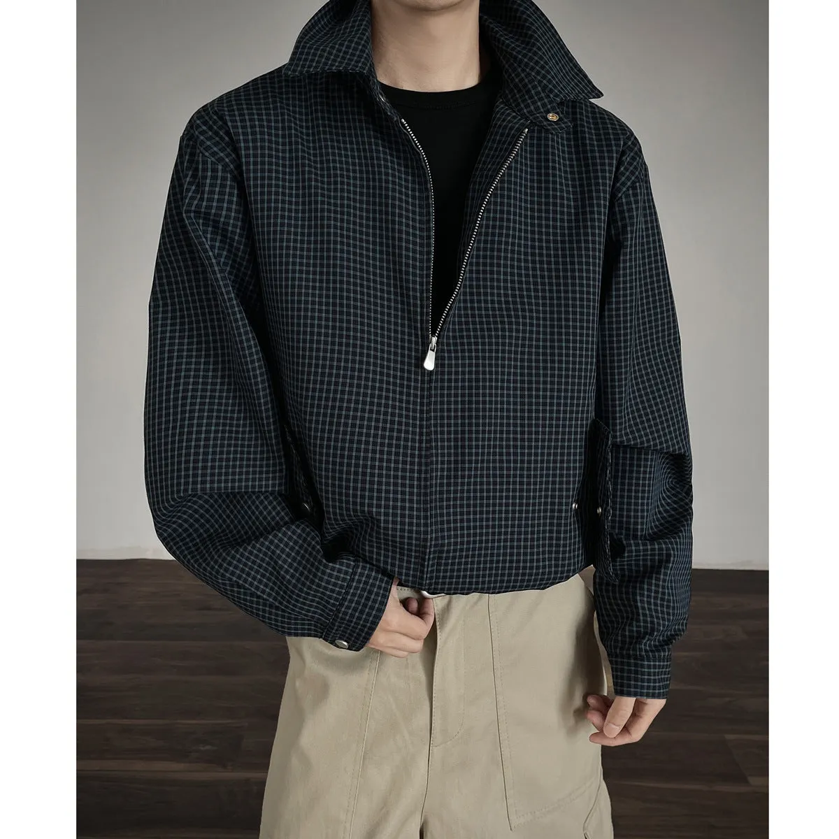 Korean style retro plaid short jacket with double zipper in grey and blue plaid, cotton blend