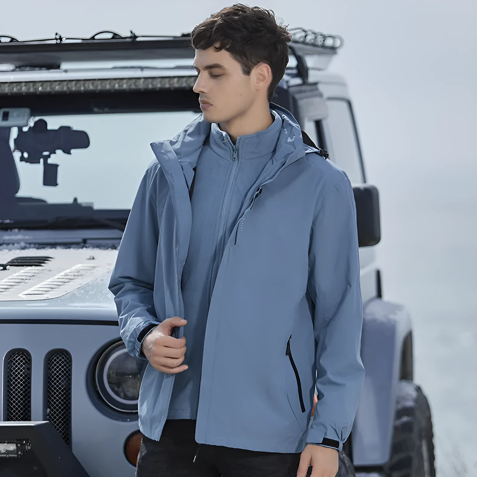 Men's fluorescent coloured thick waterproof mountaineering suit with removable jacket and padded trousers