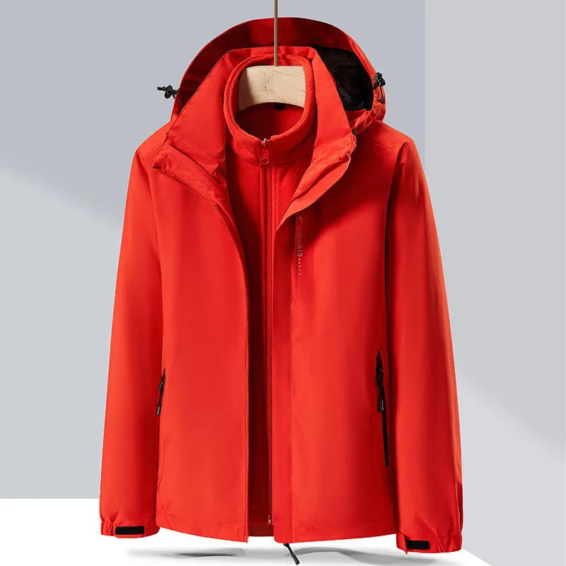 Men's fluorescent coloured thick waterproof mountaineering suit with removable jacket and padded trousers