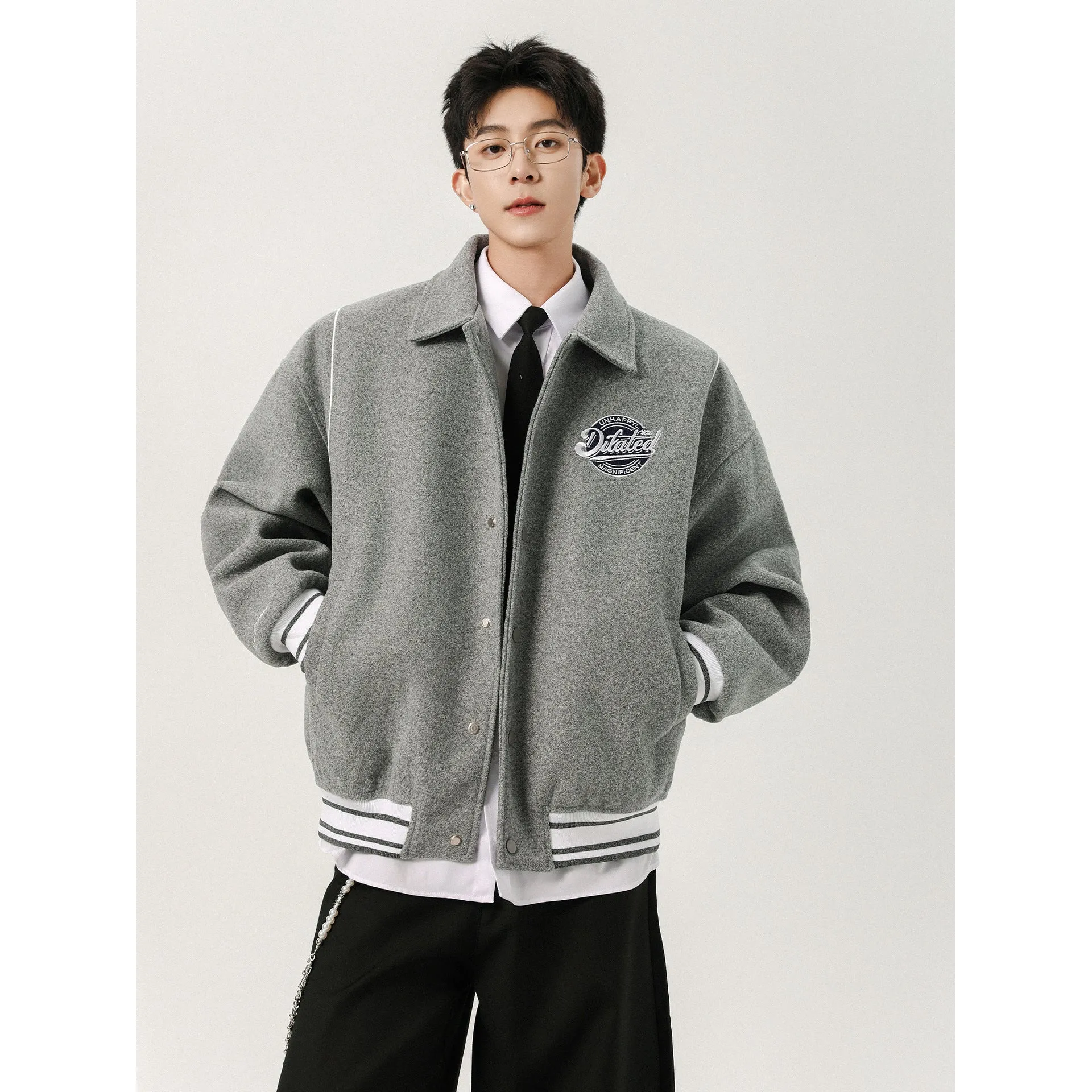 Men's casual patchwork vintage jacket in Flower Gray with stripes and stick pocket, loose fit