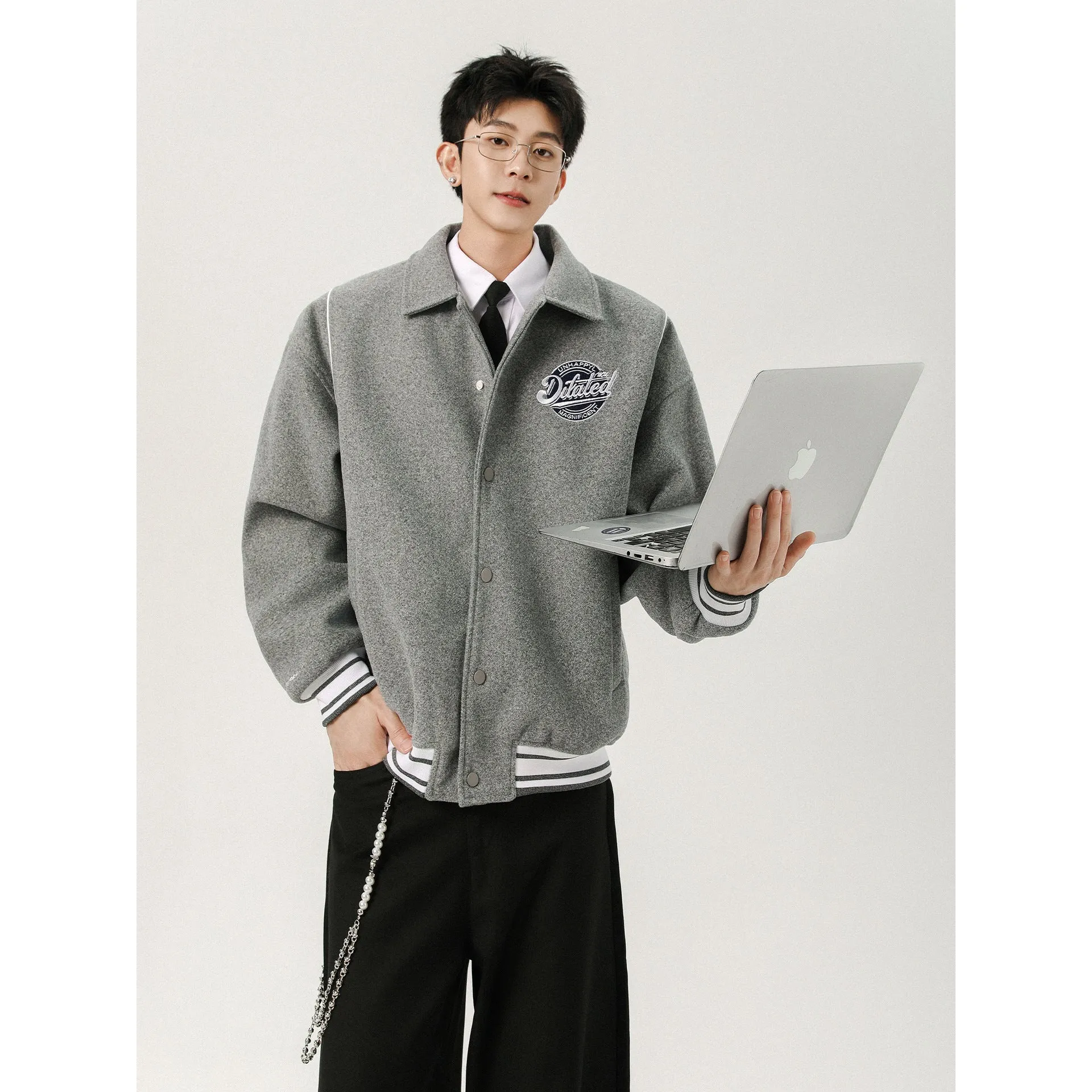 Men's casual patchwork vintage jacket in Flower Gray with stripes and stick pocket, loose fit