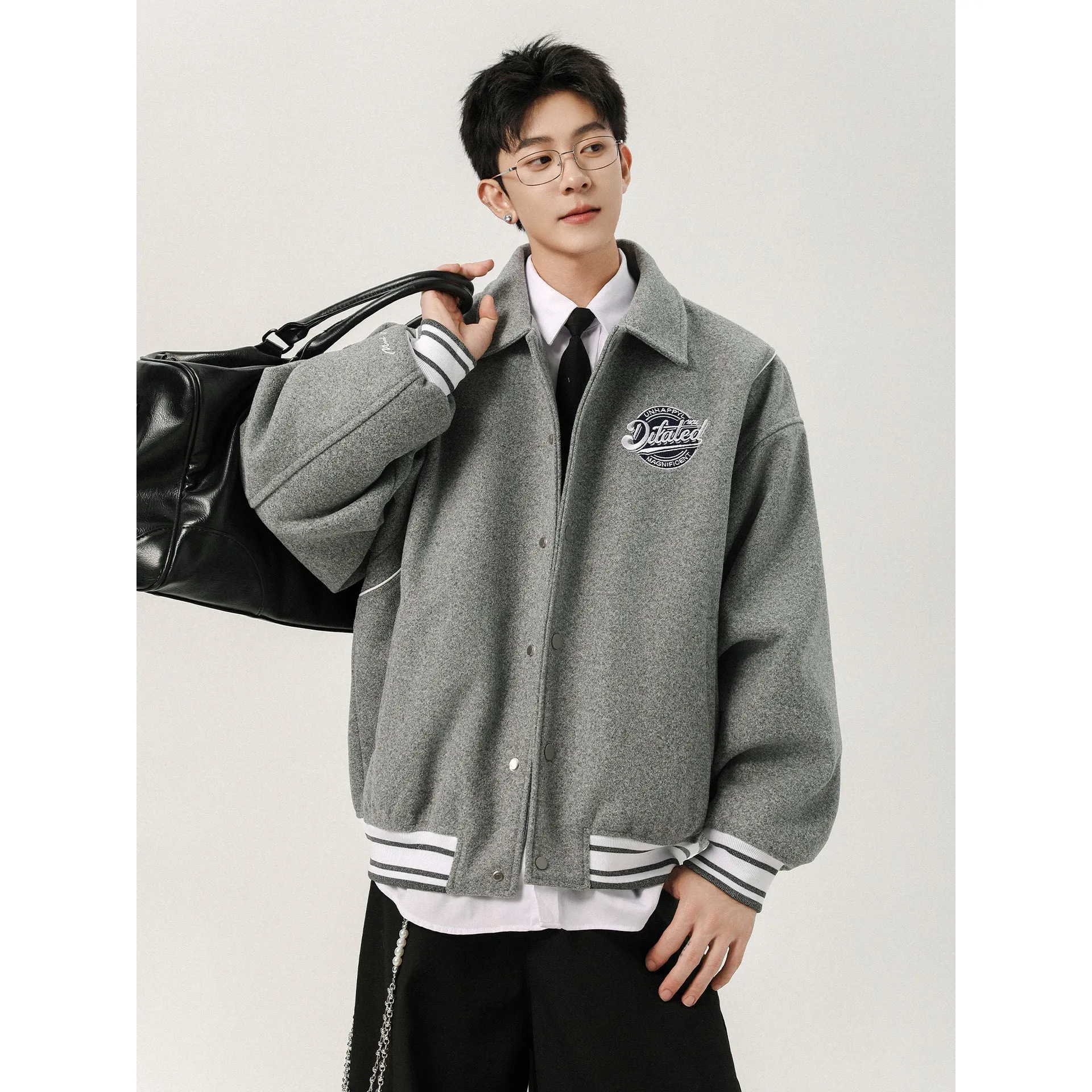 Men's casual patchwork vintage jacket in Flower Gray with stripes and stick pocket, loose fit