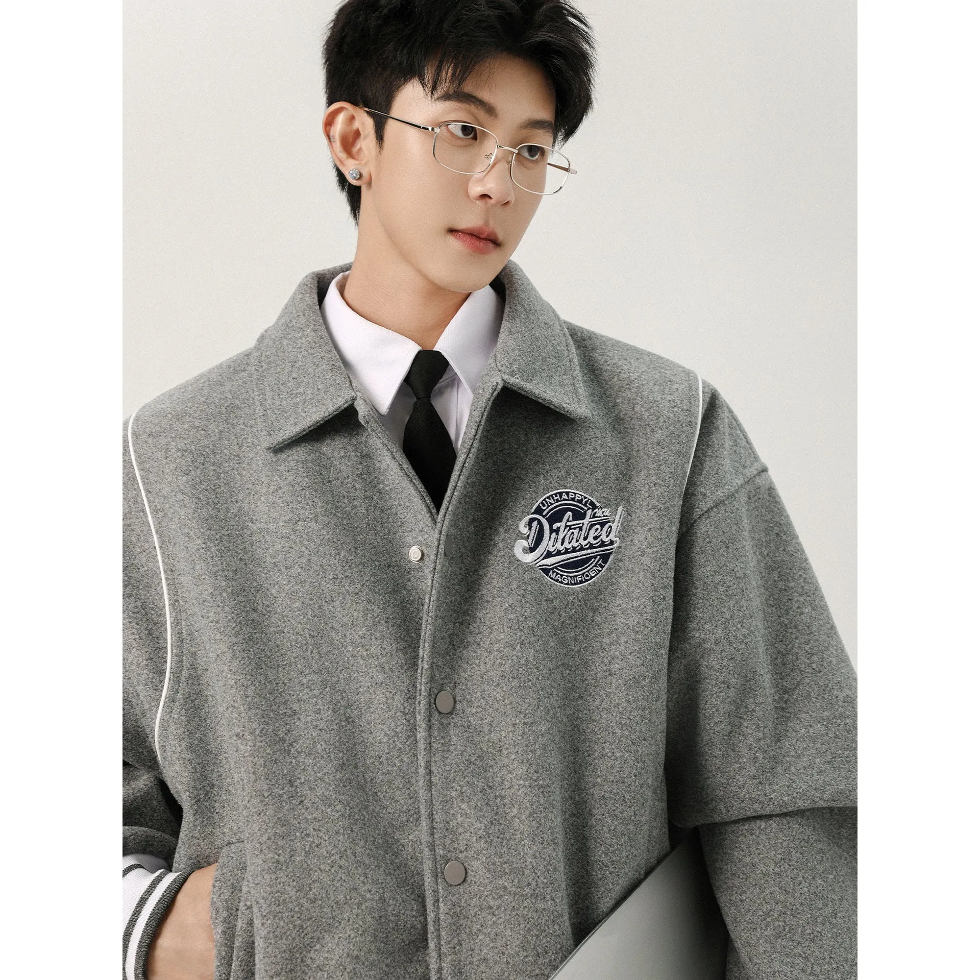 Men's casual patchwork vintage jacket in Flower Gray with stripes and stick pocket, loose fit