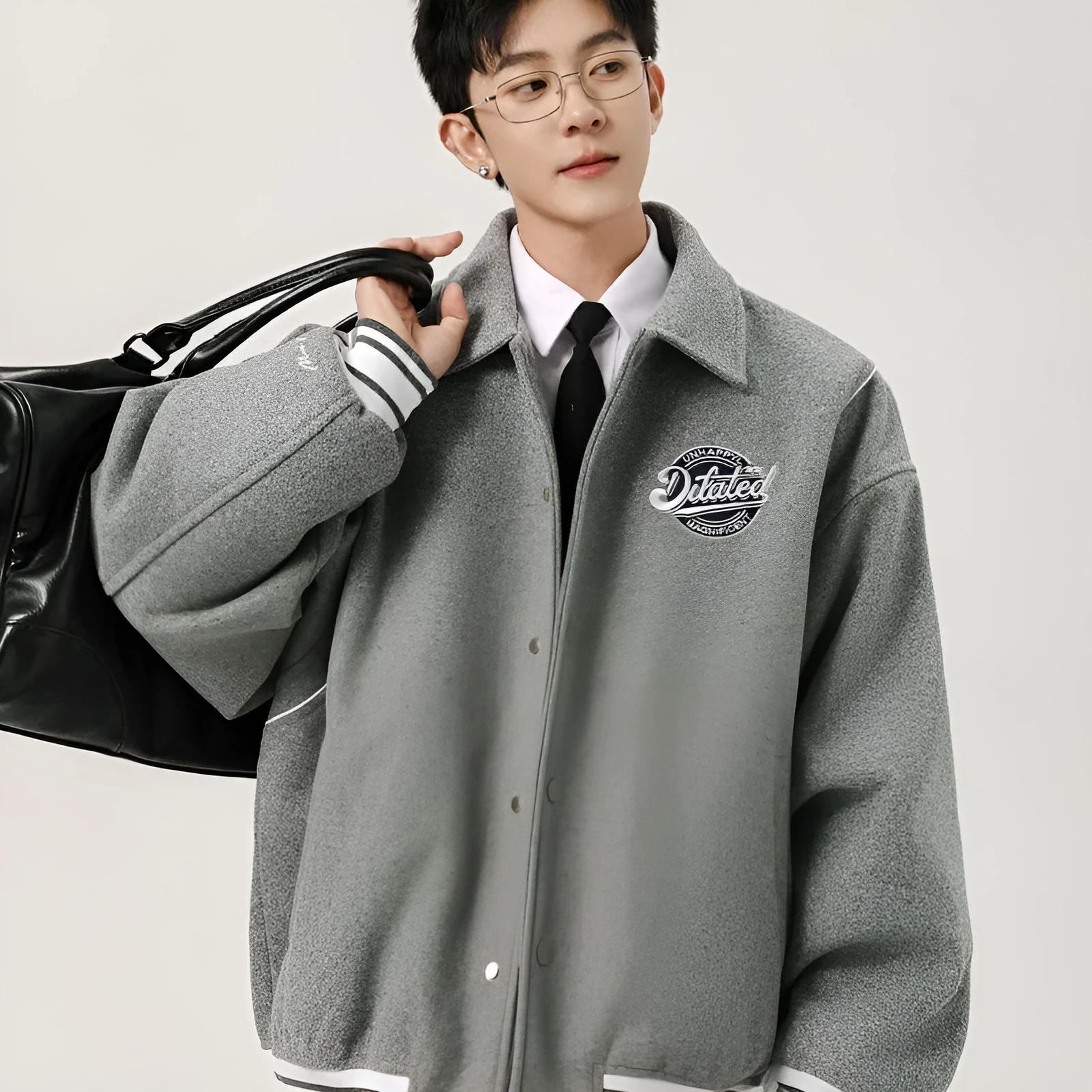 Men's casual patchwork vintage jacket in Flower Gray with stripes and stick pocket, loose fit